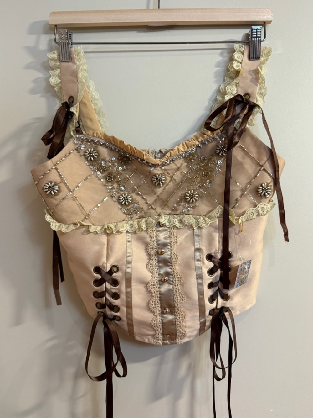 Beaded Lace-Up Corset Top in Blush and Cream